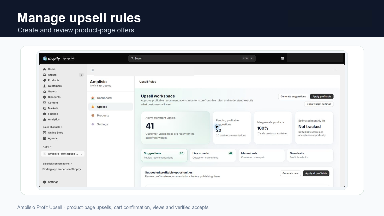 Amplisio Upsell Rules interface inside Shopify Admin